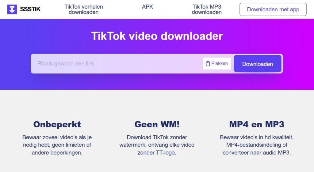 sssTik interface voor TikTok video downloaden zonder watermerk - gratis en snel